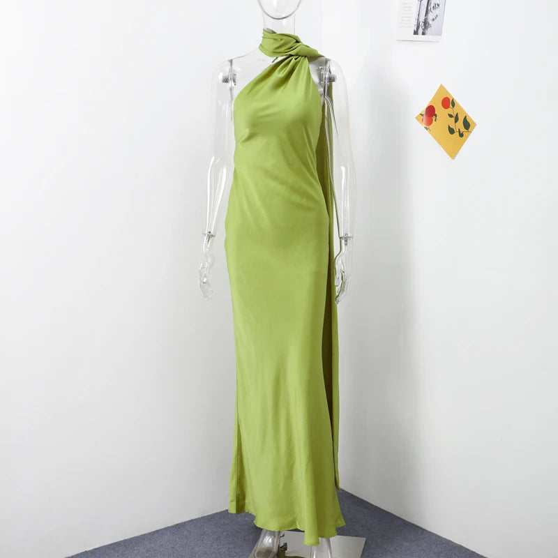 Vestido de fiesta sexy de satén con lazo para mujer; elegante diseño halter, sin espalda, con hombros descubiertos y sin mangas. Vestido liso estilo bata para el verano de 2024