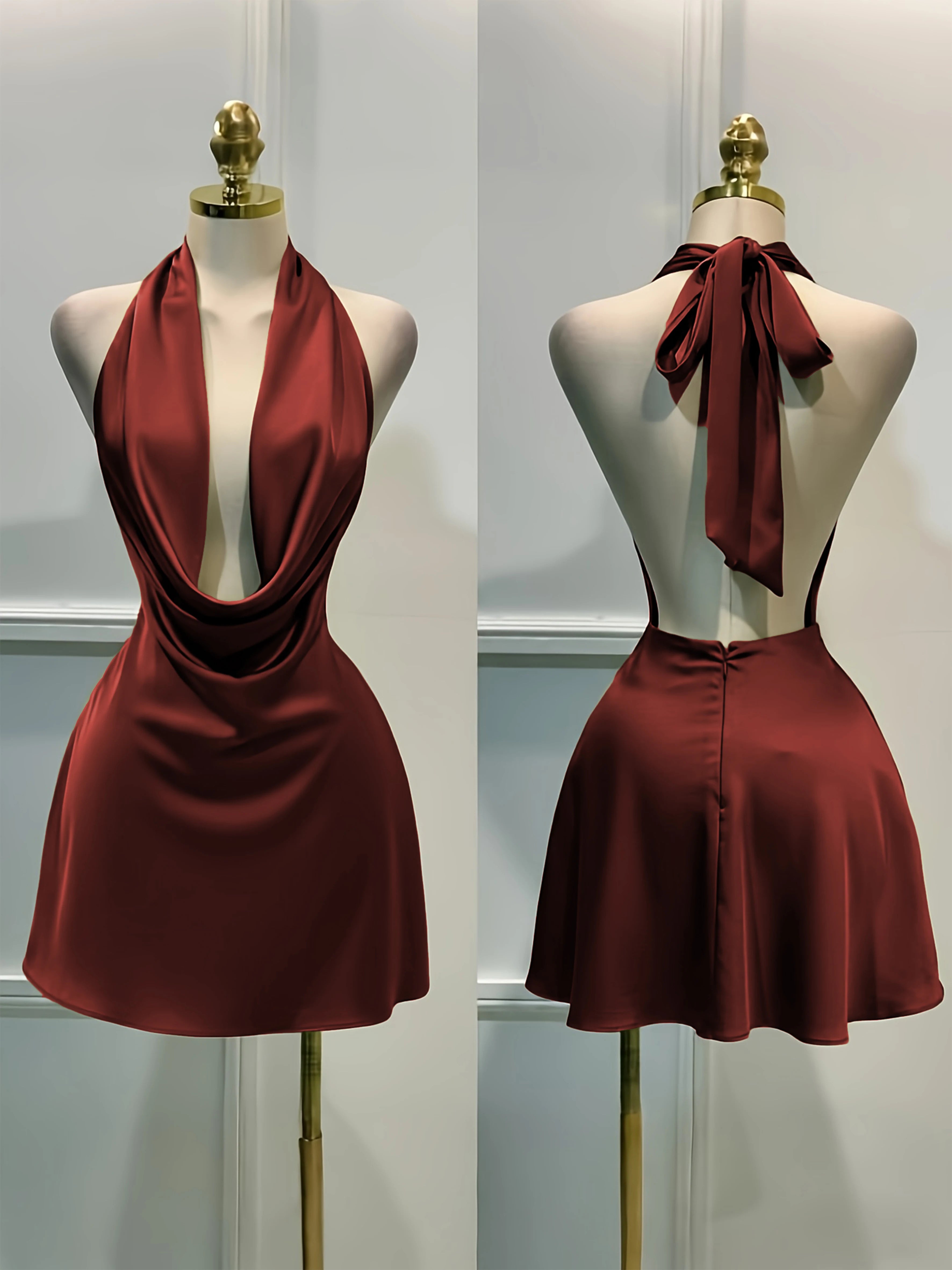 Vestido midi elegante de satén liso para mujer, entallado, con cremallera y espalda descubierta; ideal para ocasiones informales, vacaciones, fiestas, banquetes o cócteles