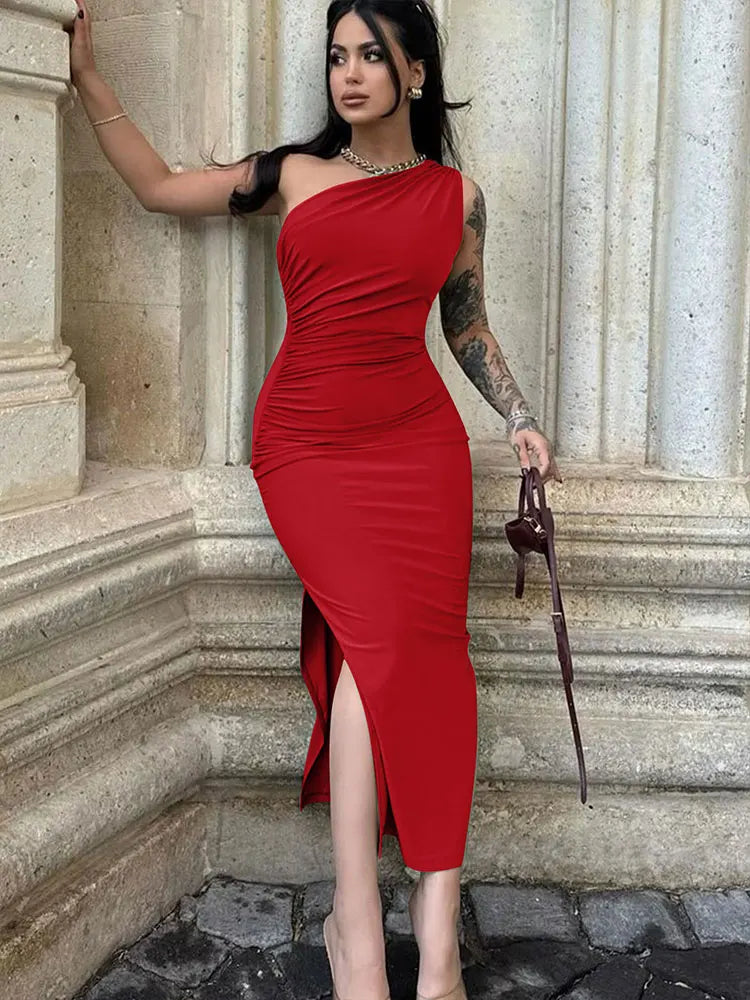 Vestido largo negro para mujer: sexy, con abertura, sin mangas, espalda descubierta y corte ajustado. Moda de verano, estilo hombros descubiertos, ideal para fiestas elegantes y discotecas