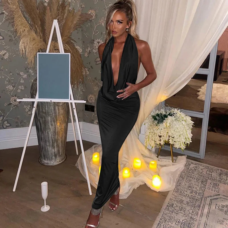 Vestido midi Dulzura para mujer, estilo halter y espalda descubierta; ajustado, sexy y elegante, ideal para fiestas, eventos nocturnos o cumpleaños (tendencia Y2K, otoño 2024)