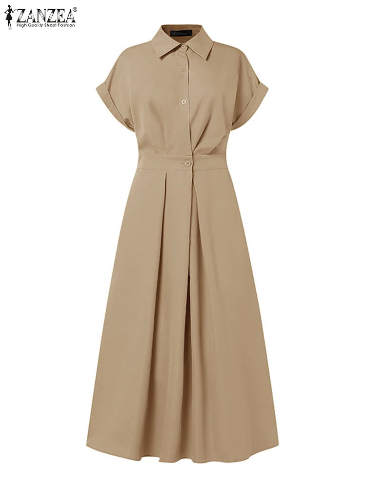 Vestido de verano para mujer ZANZEA, estilo elegante de oficina (OL), manga corta y corte en línea A; diseño casual de color liso con botones, ideal para vacaciones o el trabajo.
