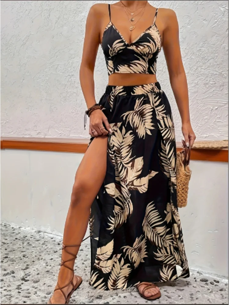 Conjunto elegante de verano para mujer: vestido sin mangas con estampado y profundo cuello en V, estilo sexy con abertura alta.