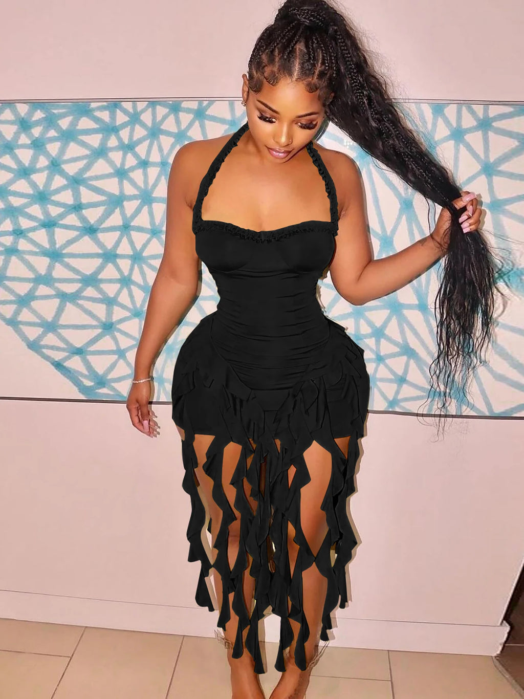 Minivestido elegante y sexy para mujer: estilo halter, liso, con volantes, espalda descubierta y borlas; corte ajustado ideal para primavera, fiestas de cumpleaños y vacaciones.