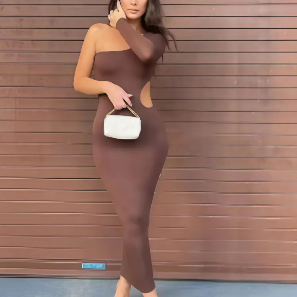 Vestido elegante y sexy para mujer: diseño de lujo, estilo sofisticado con hombros descubiertos, escote diagonal asimétrico y color liso; ideal para ocasiones formales