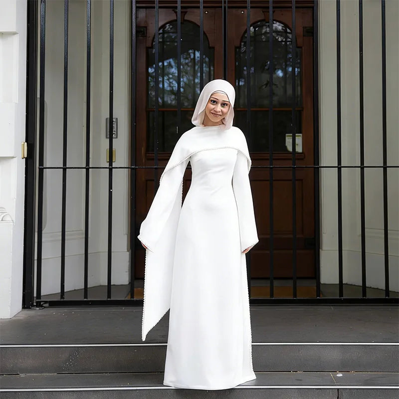 Vestido largo tipo capa para mujer con ribete de perlas blancas; elegante diseño de manga larga y cintura ajustada; estilo abaya/túnica musulmana ideal para Eid y primavera 2026