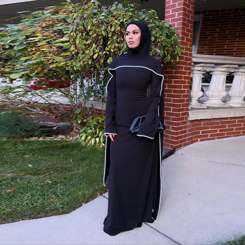 Vestido largo tipo capa para mujer con ribete de perlas blancas; elegante diseño de manga larga y cintura ajustada; estilo abaya/túnica musulmana ideal para Eid y primavera 2026