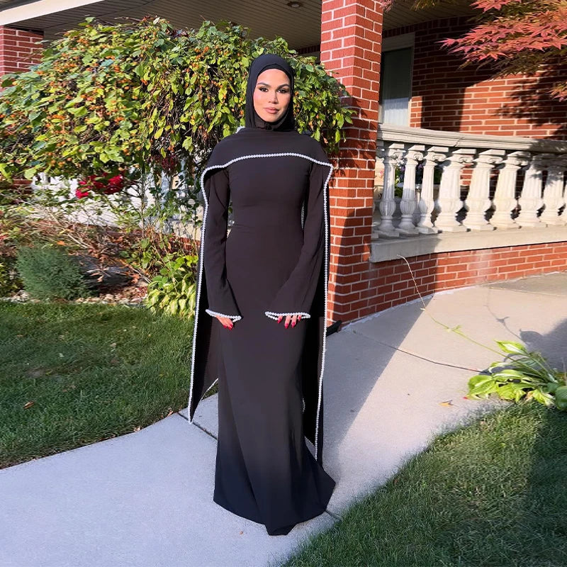 Vestido largo tipo capa para mujer con ribete de perlas blancas; elegante diseño de manga larga y cintura ajustada; estilo abaya/túnica musulmana ideal para Eid y primavera 2026