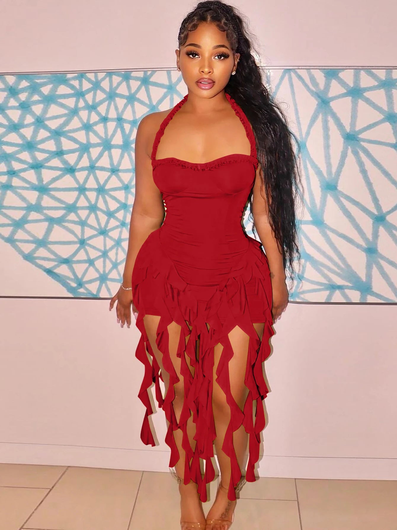 Minivestido elegante y sexy para mujer: estilo halter, liso, con volantes, espalda descubierta y borlas; corte ajustado ideal para primavera, fiestas de cumpleaños y vacaciones.