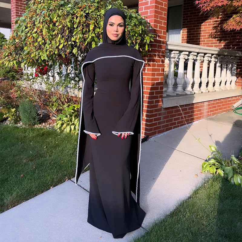 Vestido largo tipo capa para mujer con ribete de perlas blancas; elegante diseño de manga larga y cintura ajustada; estilo abaya/túnica musulmana ideal para Eid y primavera 2026