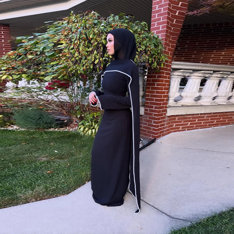 Vestido largo tipo capa para mujer con ribete de perlas blancas; elegante diseño de manga larga y cintura ajustada; estilo abaya/túnica musulmana ideal para Eid y primavera 2026