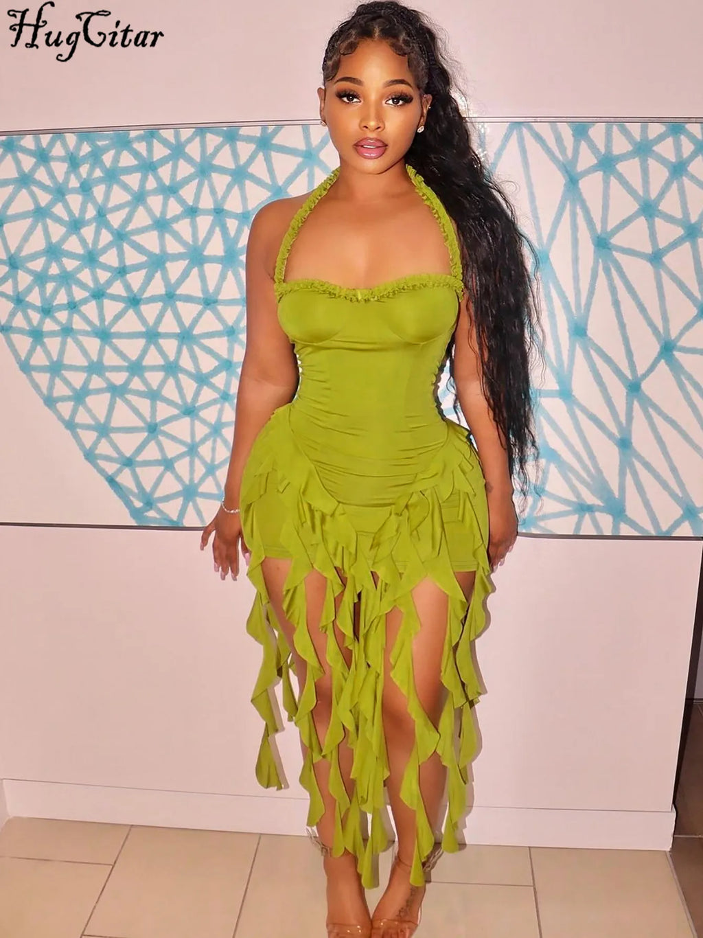 Minivestido elegante y sexy para mujer: estilo halter, liso, con volantes, espalda descubierta y borlas; corte ajustado ideal para primavera, fiestas de cumpleaños y vacaciones.