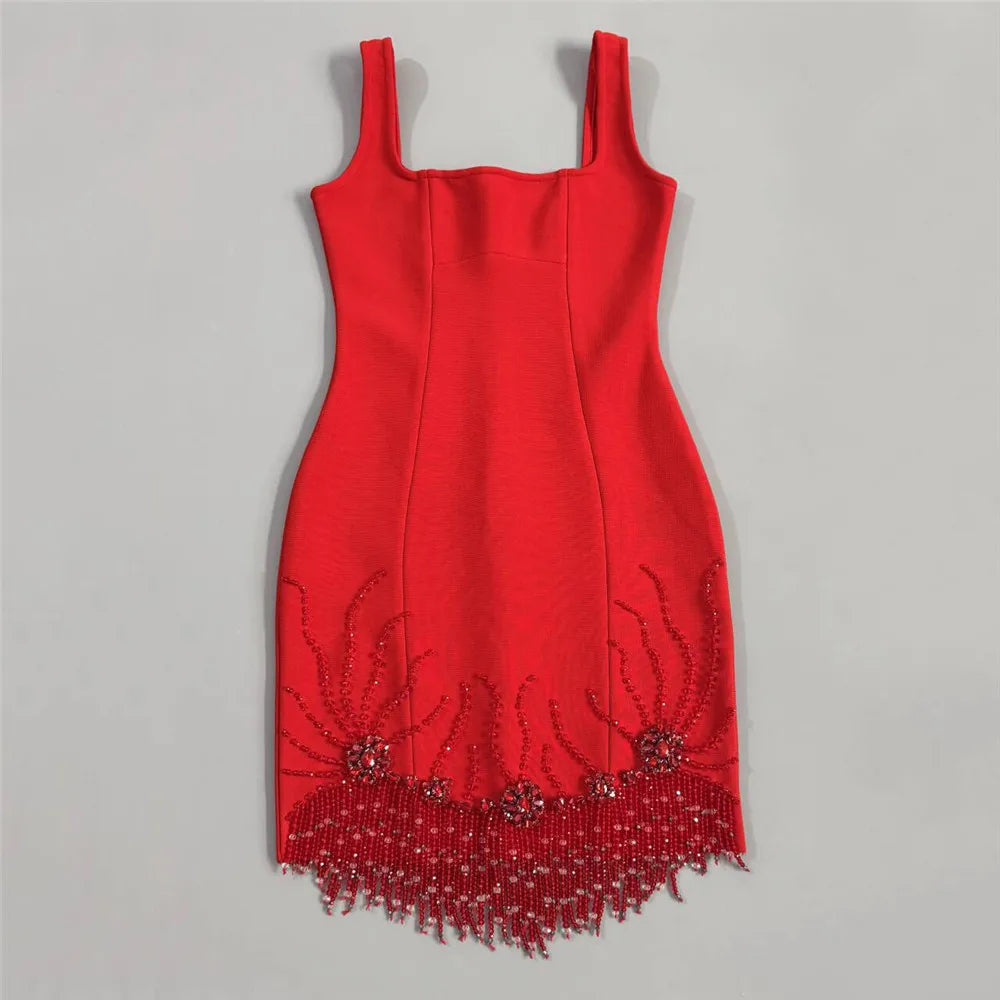 Vestido Bandage Sin Mangas con Flecos y Abalorios | Bodycon de Fiesta
