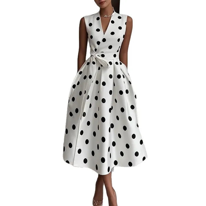 Vestido francés de lunares para el verano de 2025: nuevo estilo retro y elegante, sin mangas, con cuello en V, lazada y ajuste en la cintura