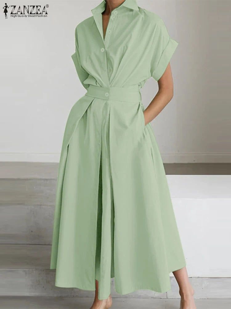 Vestido de verano para mujer ZANZEA, estilo elegante de oficina (OL), manga corta y corte en línea A; diseño casual de color liso con botones, ideal para vacaciones o el trabajo.