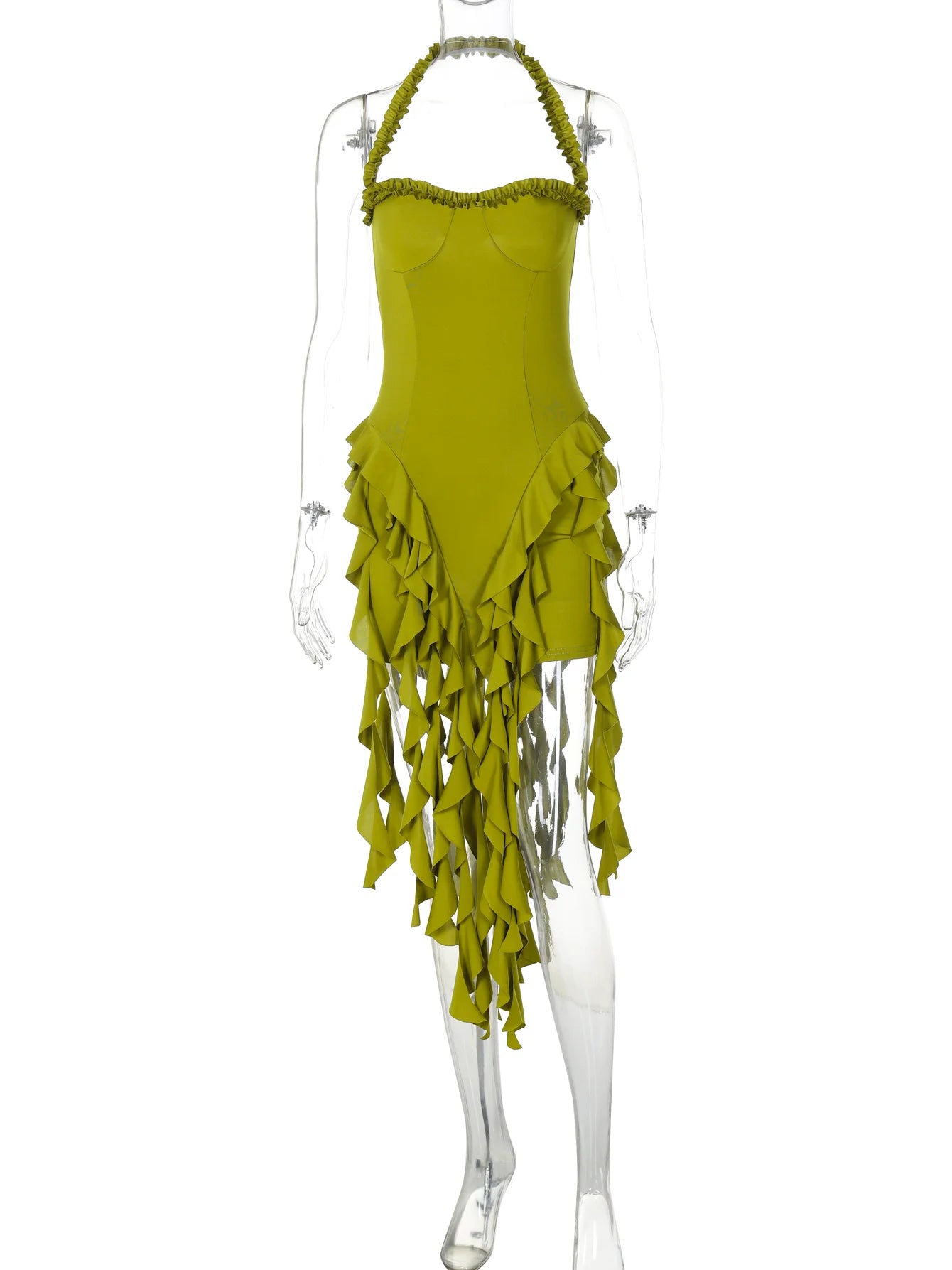 Minivestido elegante y sexy para mujer: estilo halter, liso, con volantes, espalda descubierta y borlas; corte ajustado ideal para primavera, fiestas de cumpleaños y vacaciones.