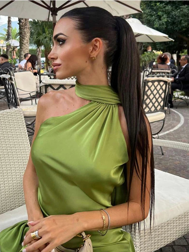 Vestido de fiesta sexy de satén con lazo para mujer; elegante diseño halter, sin espalda, con hombros descubiertos y sin mangas. Vestido liso estilo bata para el verano de 2024