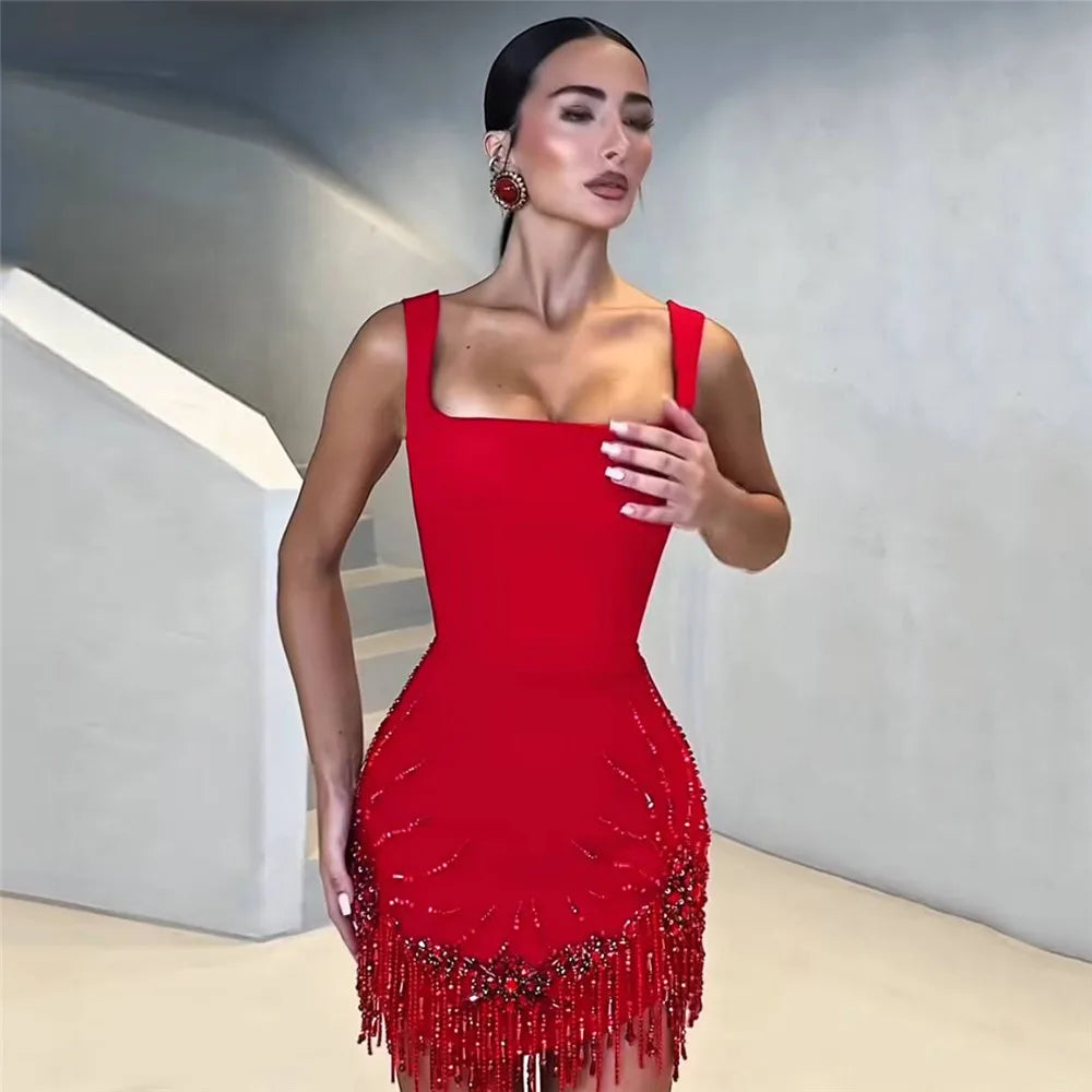 Vestido Bandage Sin Mangas con Flecos y Abalorios | Bodycon de Fiesta