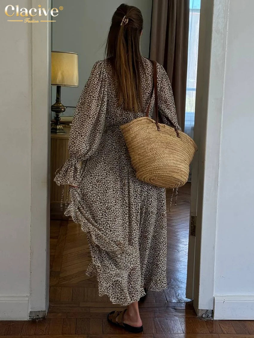 Vestido Clacive de moda para mujer, corte holgado y estampado, estilo elegante y clásico con volantes, cuello en V, manga larga y largo hasta el tobillo