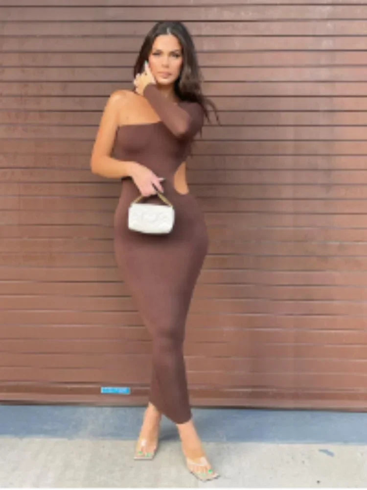 Vestido elegante y sexy para mujer: diseño de lujo, estilo sofisticado con hombros descubiertos, escote diagonal asimétrico y color liso; ideal para ocasiones formales