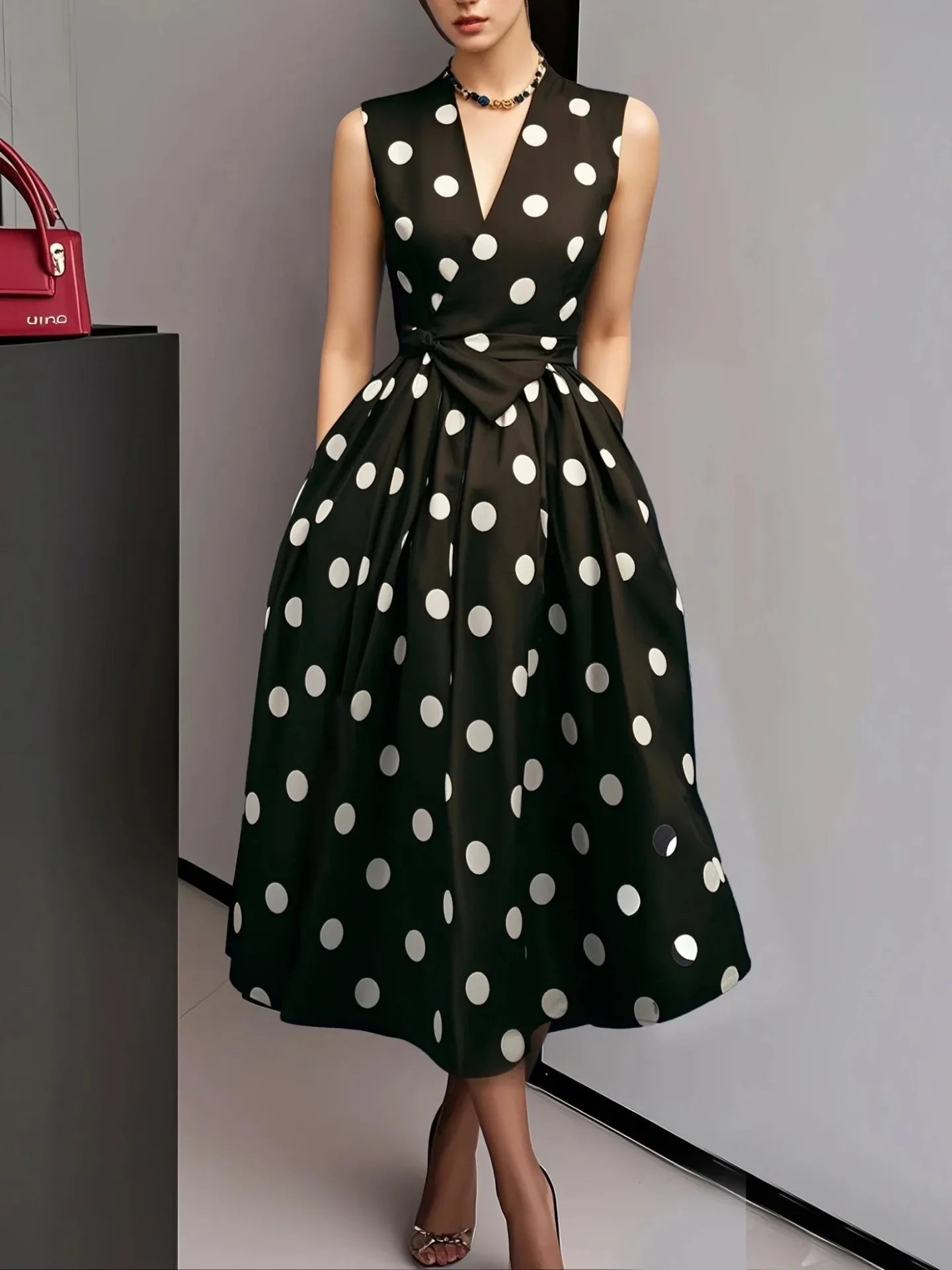 Vestido francés de lunares para el verano de 2025: nuevo estilo retro y elegante, sin mangas, con cuello en V, lazada y ajuste en la cintura