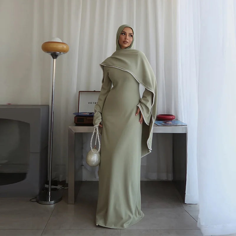 Vestido largo tipo capa para mujer con ribete de perlas blancas; elegante diseño de manga larga y cintura ajustada; estilo abaya/túnica musulmana ideal para Eid y primavera 2026