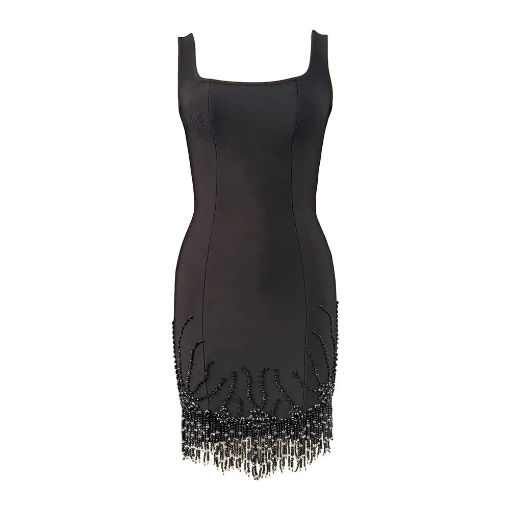 Vestido Bandage Sin Mangas con Flecos y Abalorios | Bodycon de Fiesta