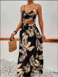 Conjunto elegante de verano para mujer: vestido sin mangas con estampado y profundo cuello en V, estilo sexy con abertura alta.