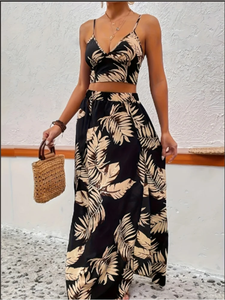 Conjunto elegante de verano para mujer: vestido sin mangas con estampado y profundo cuello en V, estilo sexy con abertura alta.