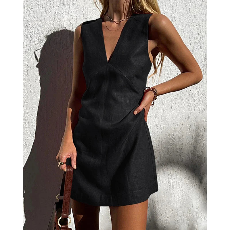 Vestidos de mujer de algodón y lino: vestido básico tipo camiseta sin mangas, sexy y con cuello en V; vestidos elegantes y chic para mujer. Oferta de verano