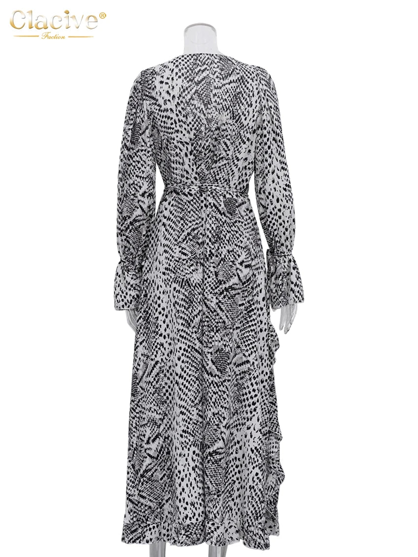Vestido Clacive de moda para mujer, corte holgado y estampado, estilo elegante y clásico con volantes, cuello en V, manga larga y largo hasta el tobillo