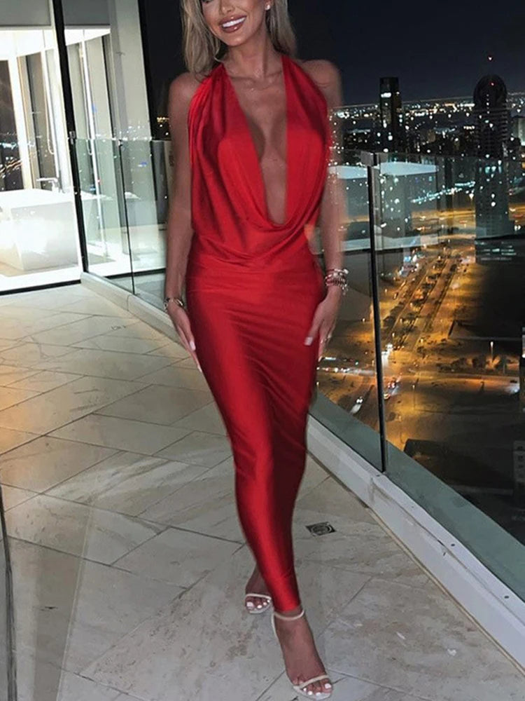 Vestido midi Dulzura para mujer, estilo halter y espalda descubierta; ajustado, sexy y elegante, ideal para fiestas, eventos nocturnos o cumpleaños (tendencia Y2K, otoño 2024)