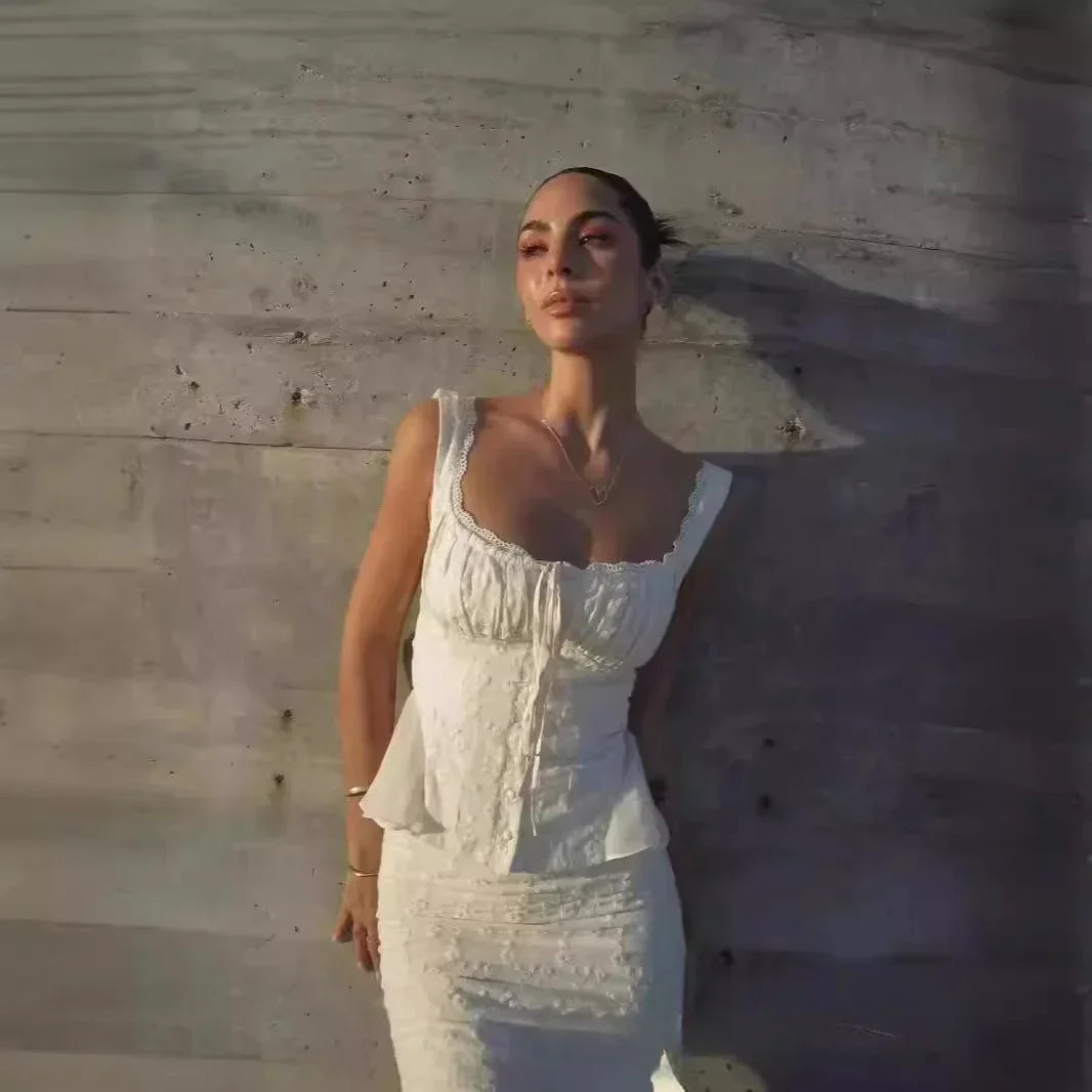 Conjunto de vestido de 2 piezas, novedad de verano 2024. Conjunto elegante y hermoso en color beige, compuesto por falda larga estilo sirena y top a juego.