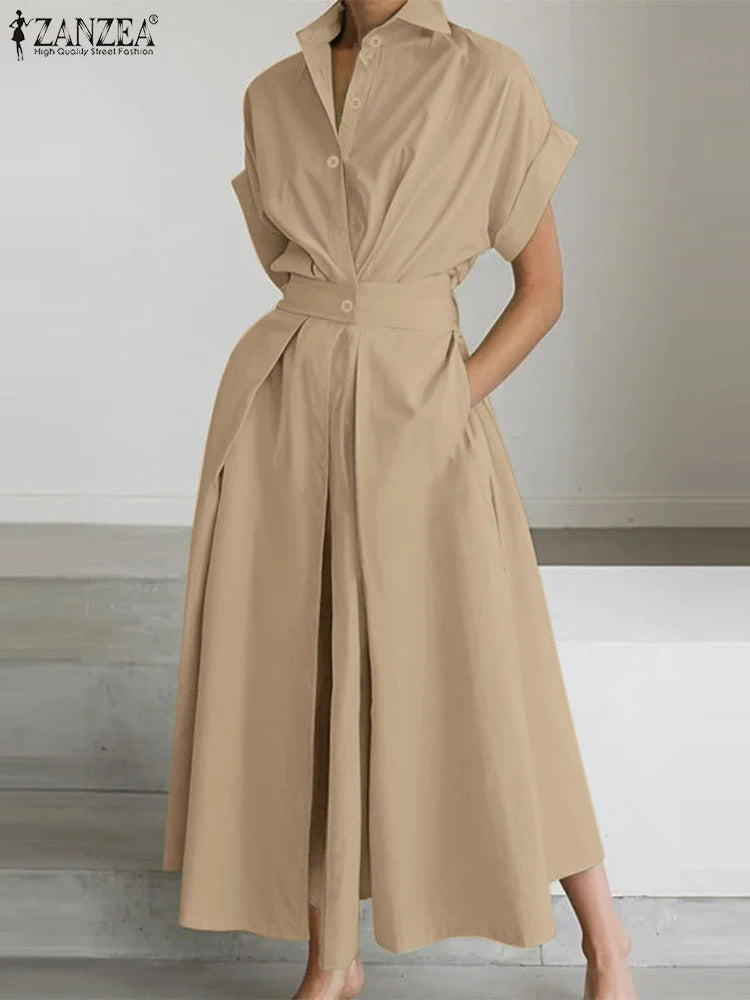 Vestido de verano para mujer ZANZEA, estilo elegante de oficina (OL), manga corta y corte en línea A; diseño casual de color liso con botones, ideal para vacaciones o el trabajo.