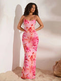 Vestido elegante de corte sirena para mujer, con diseño de un solo hombro y escote caído, estampado floral rosa, silueta en línea A sin mangas y cuello redondo; apto para lavadora