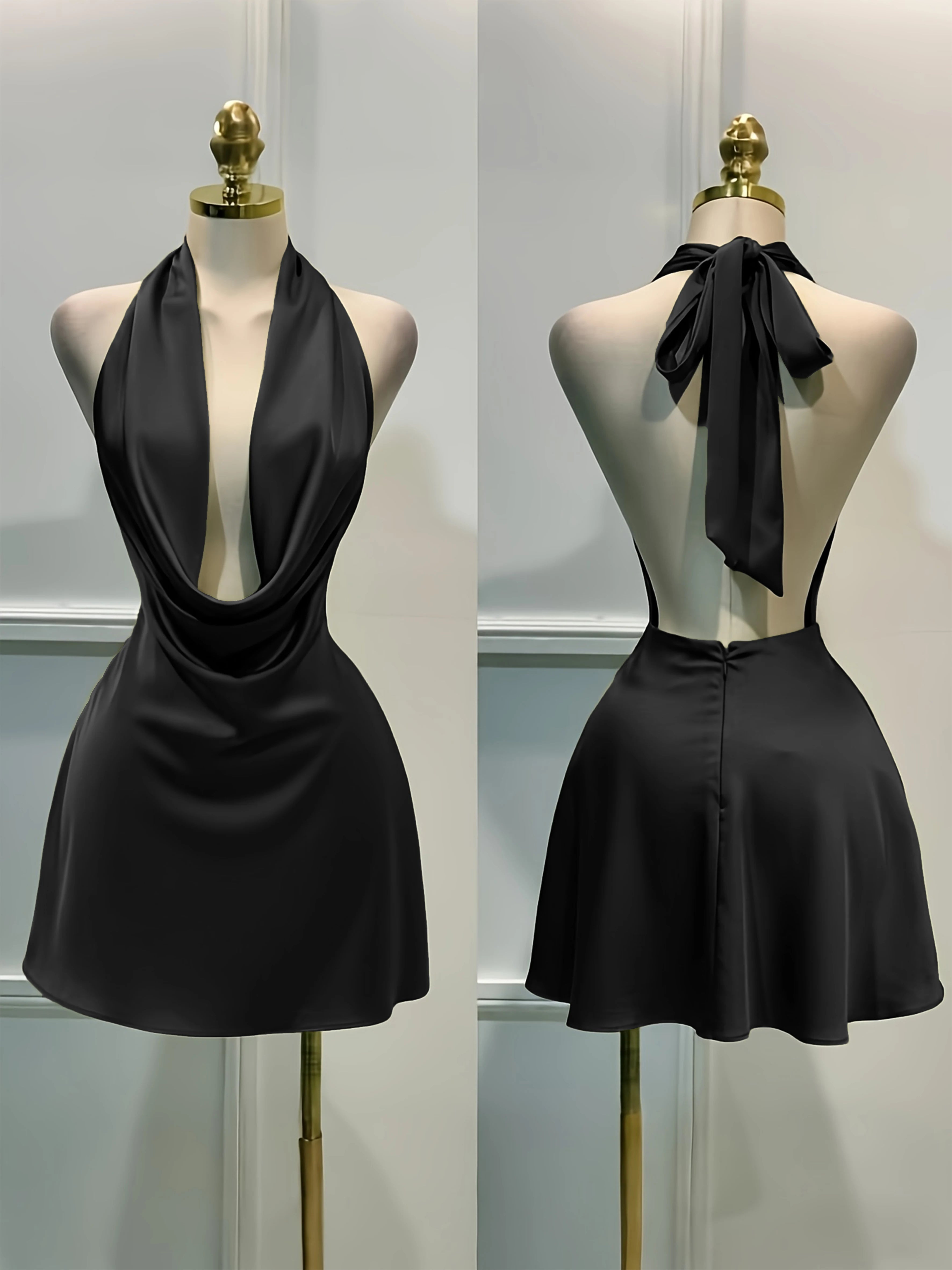 Vestido midi elegante de satén liso para mujer, entallado, con cremallera y espalda descubierta; ideal para ocasiones informales, vacaciones, fiestas, banquetes o cócteles