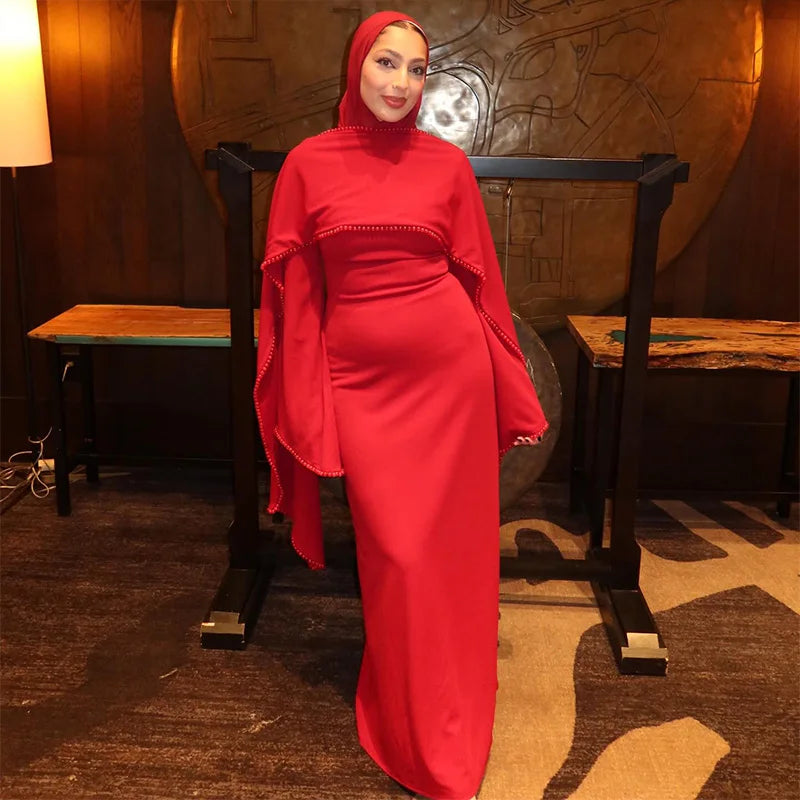 Vestido largo tipo capa para mujer con ribete de perlas blancas; elegante diseño de manga larga y cintura ajustada; estilo abaya/túnica musulmana ideal para Eid y primavera 2026