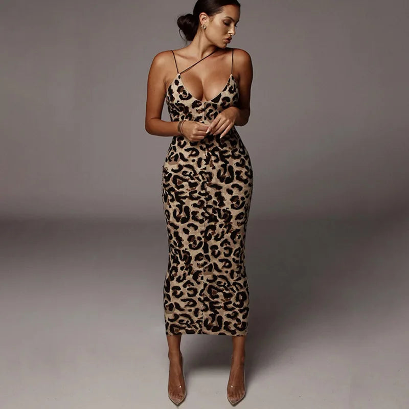 Vestido elegante de verano para mujer, estilo sexy con estampado de leopardo, sin mangas, de corte ajustado, cintura alta y tirantes finos; ideal para fiestas y eventos nocturnos