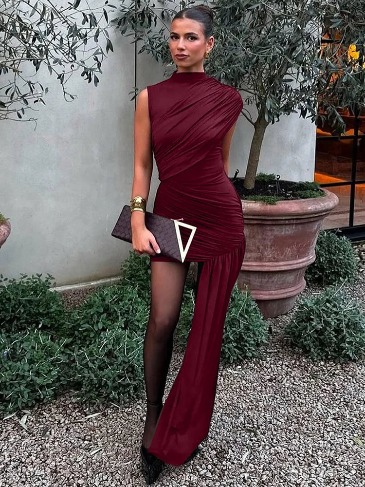 Minivestido Mozision de Fiesta | Drapeado Irregular, Cuello Alto y Diseño Plisado