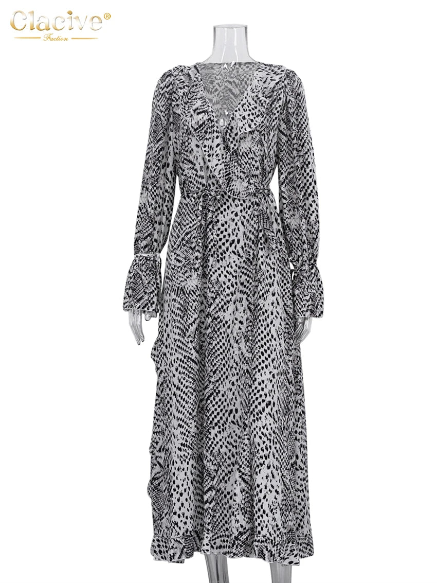 Vestido Clacive de moda para mujer, corte holgado y estampado, estilo elegante y clásico con volantes, cuello en V, manga larga y largo hasta el tobillo