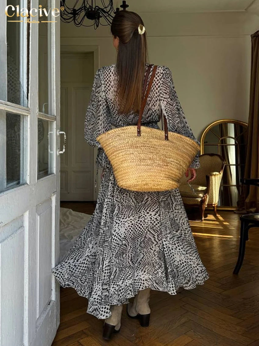 Vestido Clacive de moda para mujer, corte holgado y estampado, estilo elegante y clásico con volantes, cuello en V, manga larga y largo hasta el tobillo