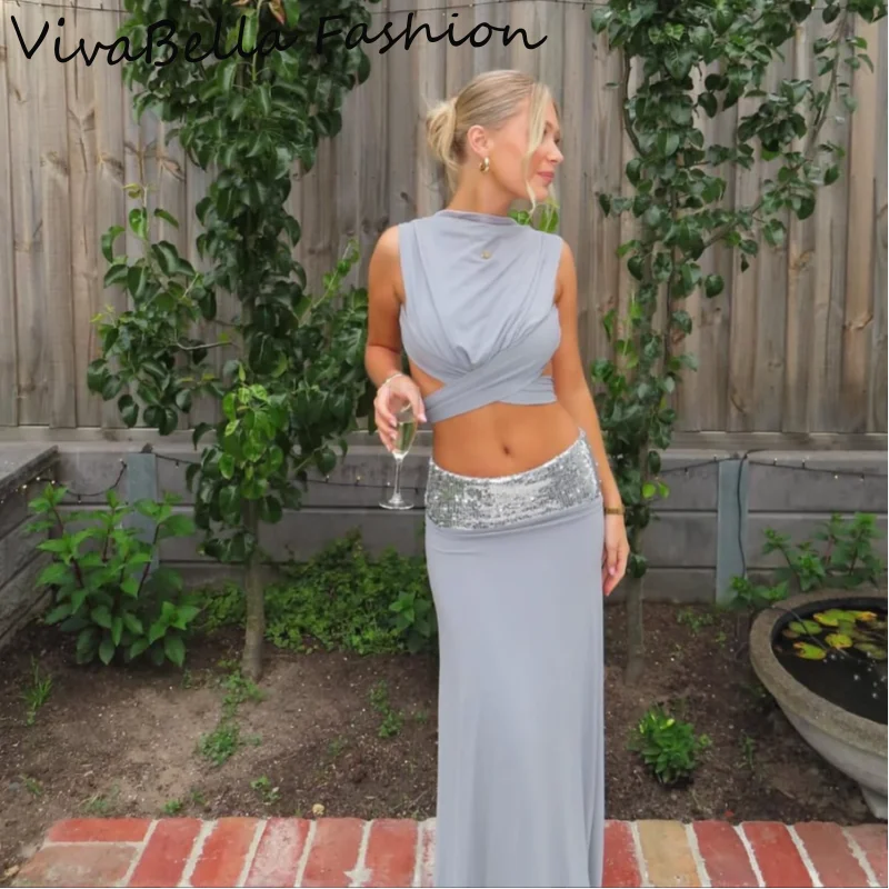 Conjunto elegante de top corto drapeado sin mangas y falda larga hasta el suelo con lentejuelas brillantes — Novedad 2026: Vestido de fiesta y gala para primavera-verano