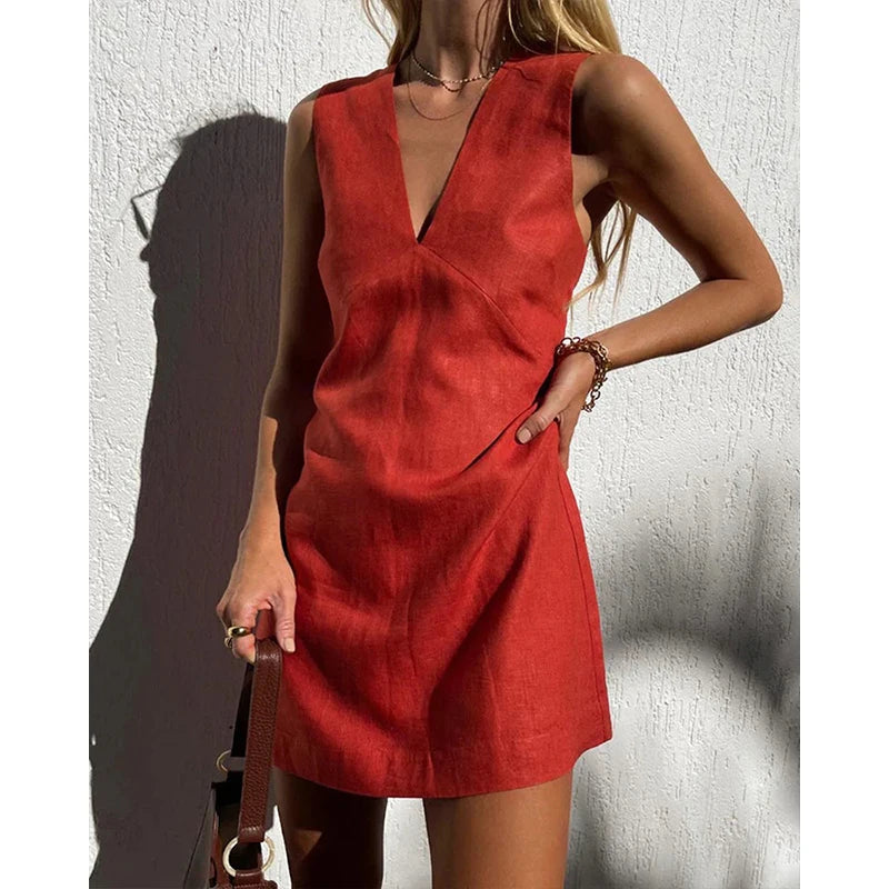 Vestidos de mujer de algodón y lino: vestido básico tipo camiseta sin mangas, sexy y con cuello en V; vestidos elegantes y chic para mujer. Oferta de verano