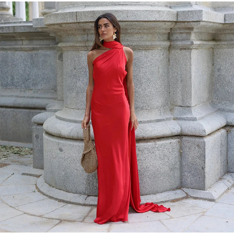 Vestido de fiesta sexy de satén con lazo para mujer; elegante diseño halter, sin espalda, con hombros descubiertos y sin mangas. Vestido liso estilo bata para el verano de 2024