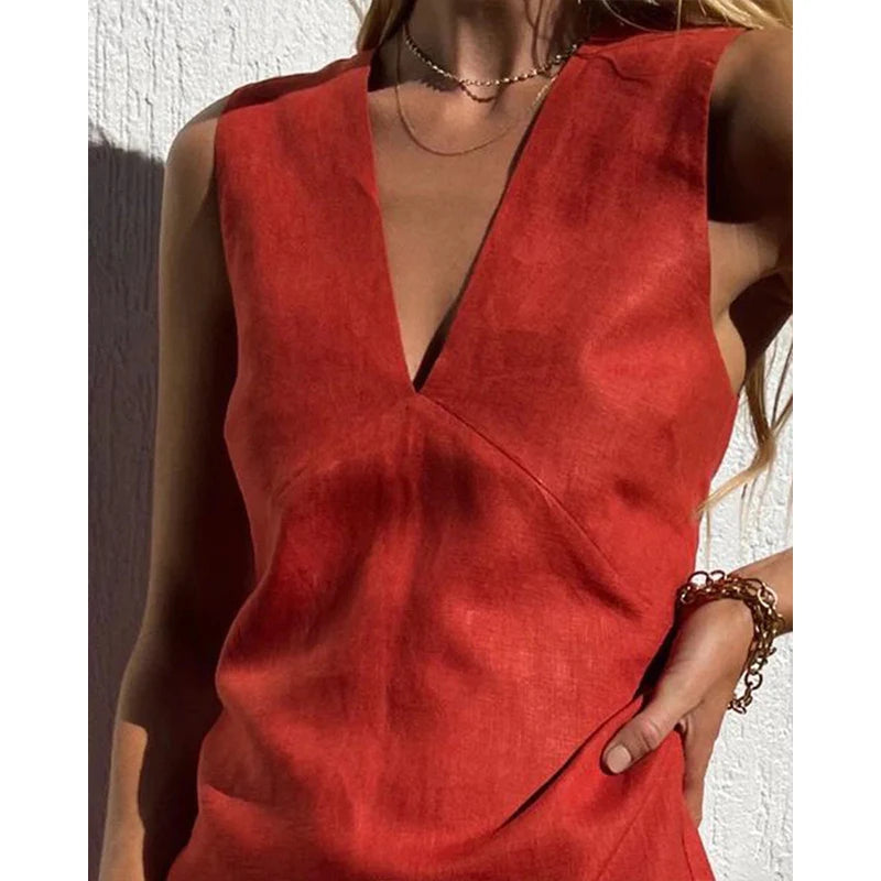 Vestidos de mujer de algodón y lino: vestido básico tipo camiseta sin mangas, sexy y con cuello en V; vestidos elegantes y chic para mujer. Oferta de verano