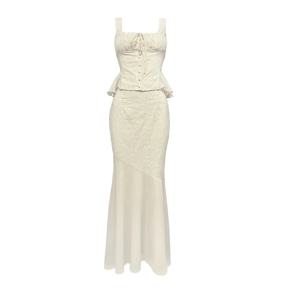 Conjunto de vestido de 2 piezas, novedad de verano 2024. Conjunto elegante y hermoso en color beige, compuesto por falda larga estilo sirena y top a juego.
