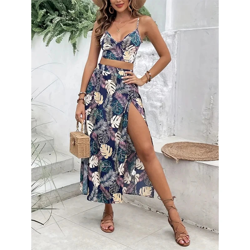 Conjunto elegante de verano para mujer: vestido sin mangas con estampado y profundo cuello en V, estilo sexy con abertura alta.