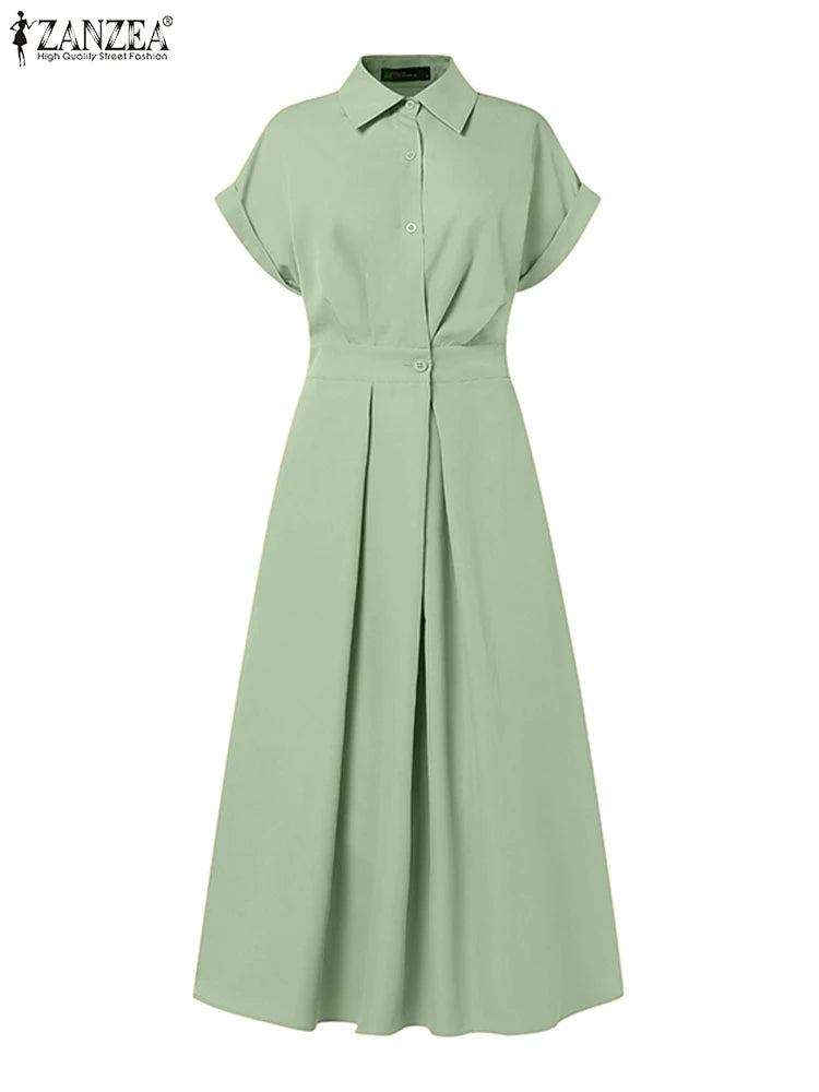 Vestido de verano para mujer ZANZEA, estilo elegante de oficina (OL), manga corta y corte en línea A; diseño casual de color liso con botones, ideal para vacaciones o el trabajo.