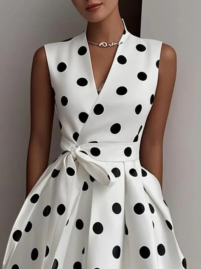 Vestido francés de lunares para el verano de 2025: nuevo estilo retro y elegante, sin mangas, con cuello en V, lazada y ajuste en la cintura