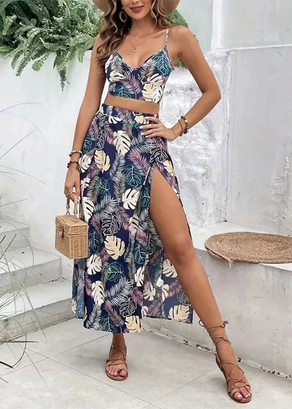 Conjunto elegante de verano para mujer: vestido sin mangas con estampado y profundo cuello en V, estilo sexy con abertura alta.
