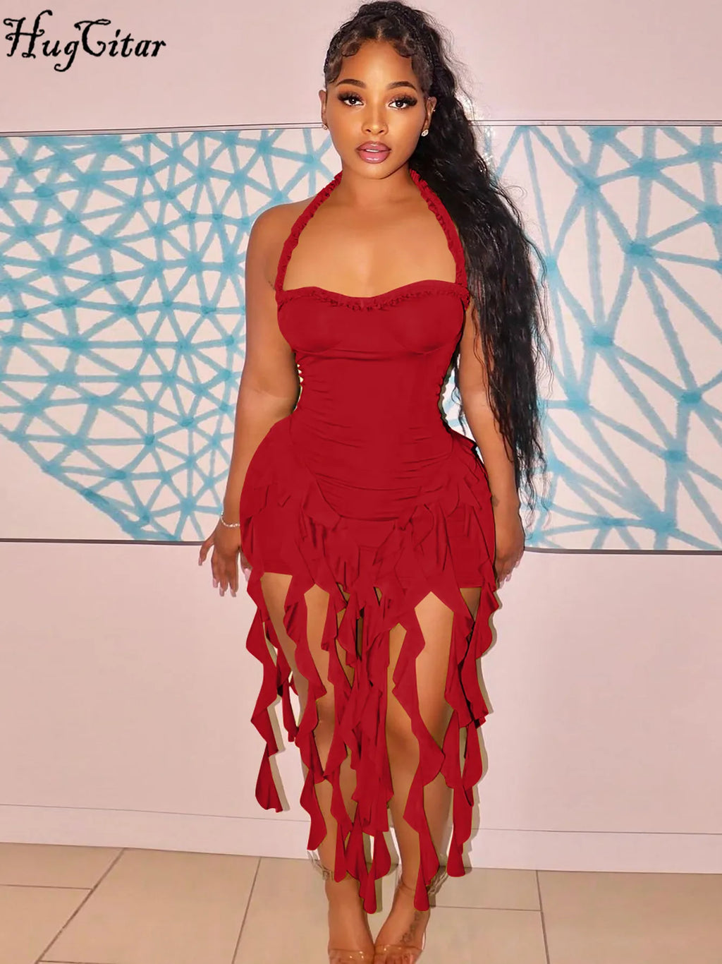 Minivestido elegante y sexy para mujer: estilo halter, liso, con volantes, espalda descubierta y borlas; corte ajustado ideal para primavera, fiestas de cumpleaños y vacaciones.